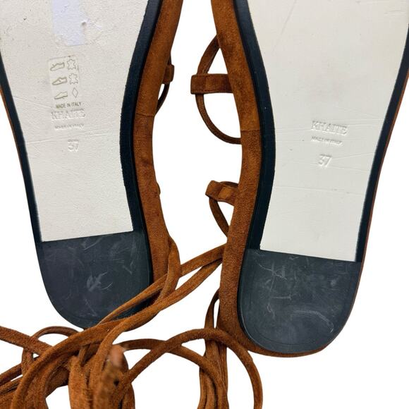 KHAITE Alba Brown Suede Leather Trimmed Strappy Tie Up Ankle Sandals Size 37 - Picture 12 of 15
